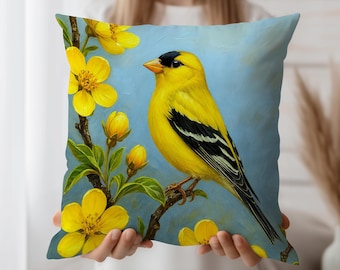 Taie d'oreiller jaune oiseau avec branche florale, housse de coussin inspirée de la nature pour une décoration printanière, un salon de jardin ou un canapé de style cottage