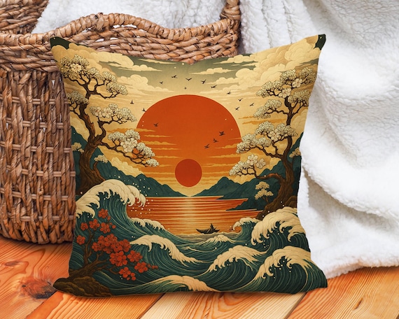 Japanese Sunset Cushion Cover – Vintage Ocean Wave Throw Pillow