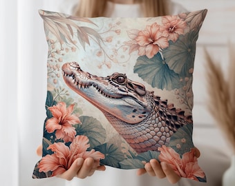 Crocodile Throw Pillow Case, Floral Animal Cushion Cover, Jungle Decor Pillow, Tropical Art Pillowcase, Alligator Print Accent