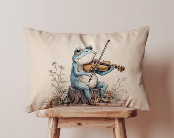 Grillige kikker illustratie viool lumbale decoratieve kussensloop, verhalenboek rechthoekig kussenhoes