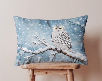 Snowy Owl Lumbar Pillow Cover, Winter Forest Cushion, Woodland Throw Pillow Case, Nordic Animal Decor