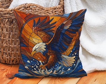 Eagle Cushion Cover – Stained Glass Throw Pillow Case with Bold Bald Eagle Art, Symbolic Patriotic Decor for Heroic or Rustic Spaces