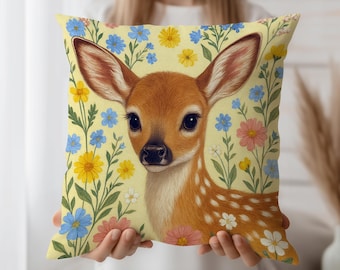 Reh Reh Dekokissen mit Wildblumen – Reh Wald Dekokissen – Dekokissen für Couch oder Kinderzimmer
