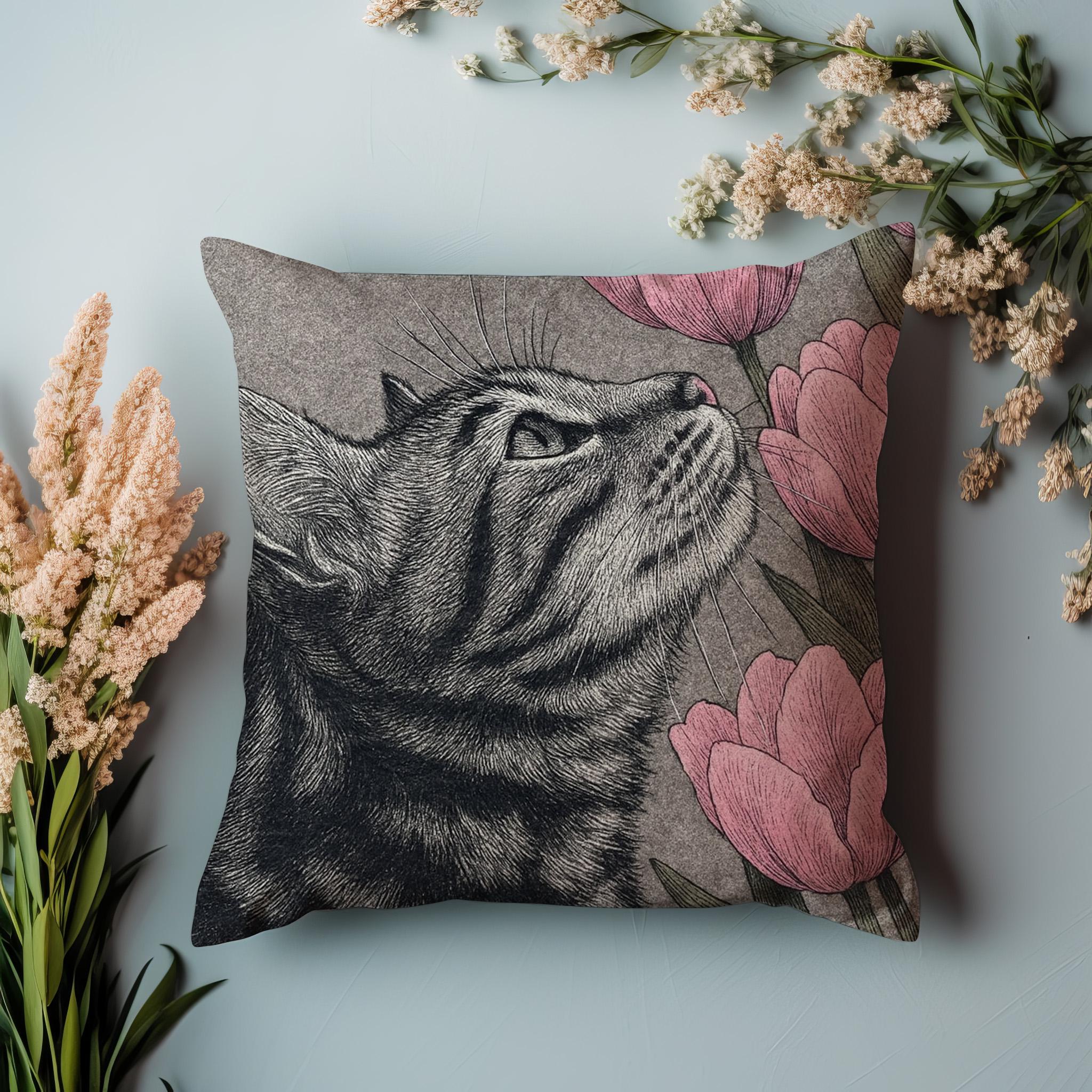 猫とチューリップのクッションカバー。イラスト入りタビー柄。ソファ用