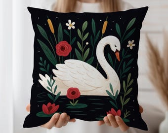 Folk Art Swan Cushion Cover, Floral Throw Pillow Case, Whimsical Water Garden Decor for Nature Inspired Boho or Cottagecore Home