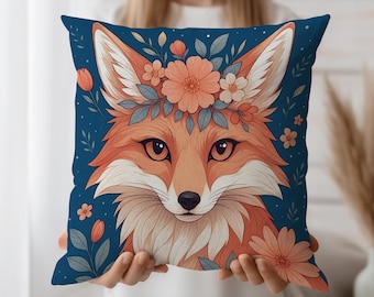Funda de cojín de zorro bohemio, funda de cojín floral de zorro con diseño de arte forestal, funda decorativa de zorro naranja para decoración rústica del hogar.