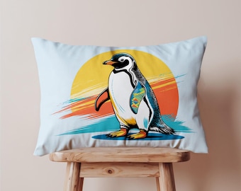 Pop Art Penguin Lumbar Decorative Pillow Cover, Oblong Cushion Case, Surf Graphic Animal Decor