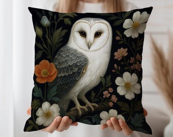 Owl Cushion Cover with Vintage Flowers – Barn Owl Throw Pillow Case – Dark Cottagecore or Gothic Nature Decor for Woodland-Inspired Homes