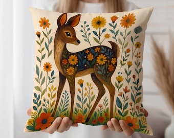 Floral Deer Cushion Cover, Boho Woodland Throw Pillow Case, Whimsical Forest Animal Art, Folk Inspired Sofa Accent Pillow