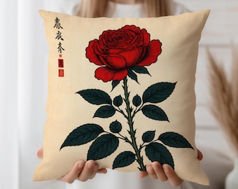 Kussenhoes Japanse roos, sierkussensloop rode bloem, decor botanische kunst, minimalistisch beige accent, Aziatisch geïnspireerde bloemstijl