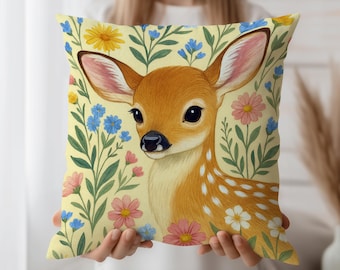 Deer Cushion Cover, Baby Fawn Throw Pillow Case, Floral Woodland Animal Decor