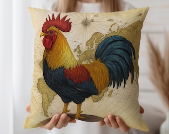 Rooster Cushion Cover – Vintage Farmhouse Throw Pillow Case with World Map Design, Rustic Travel Decor for Barn Homes & Global Style Lovers