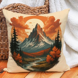 Mountain Landscape Cushion Cover – Autumn River Scene Throw Pillow Case for Rustic Nature Decor, Cabin Style, or Earthy Cozy Spaces