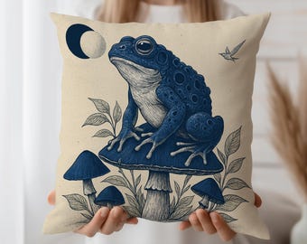 Mystic Toad Cushion Cover, Blue Frog Throw Pillow Case, Cottagecore Decor, Mushroom Art Pillow, Moon Nature Accent, Witchy Home Style