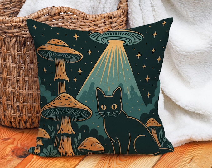 Alien Cat Cushion Cover UFO Throw Pillow Case Cottagecore Celestial Decor for Witchy Vibes, Mystical Rooms or Alt-Aesthetic Bedrooms