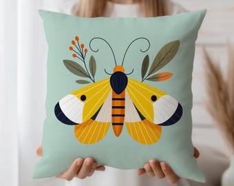 Moth Throw Pillow Case, Modern Butterfly Cushion Cover, Colorful Boho Accent, Minimal Nature Decor, Cute Insect Art Pillow For Home