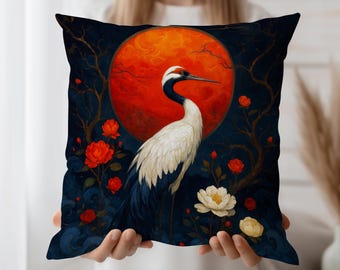 Cranes and Roses Cushion Cover with Sunset Moon – Japanese Art Throw Pillow Case for Living Room, Sofa or Meditation Decor