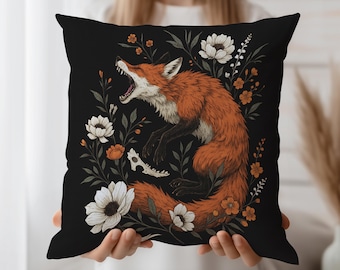 Fox Throw Pillow Cover – Bold Woodland Cushion Case with Floral Design, Orange and Black Decorative Accent for Sofa or Bed
