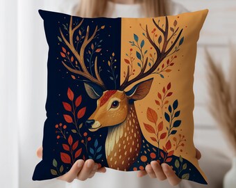 Autumn Deer Cushion Cover, Split Color Throw Pillow Case, Boho Woodland Decor, Fall Forest Accent, Rustic Animal Pillow, Cozy Home Style