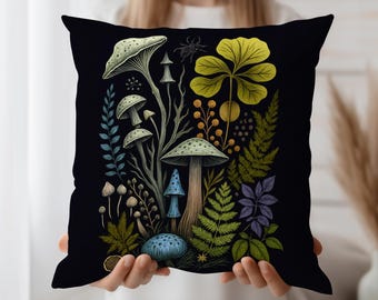 Mushroom Throw Pillow Cover – Dark Botanical Cushion with Vintage Fungi and Forest Plants – Witchy Cottagecore Pillow Case