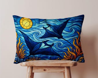 Stained Glass Manta Ray Pillow Cover, Oblong Ocean Cushion Case, Lumbar Decorative Sea Art