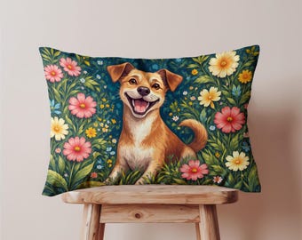 Smiling Dog Lumbar Decorative Pillow Cover, Oblong Cushion Case, Floral Happy Pet Art