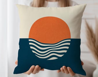 Sunset Ocean Cushion Cover, Retro Wave Throw Pillow Case, Coastal Modern Decor, Abstract Seaside Accent Pillow Cover