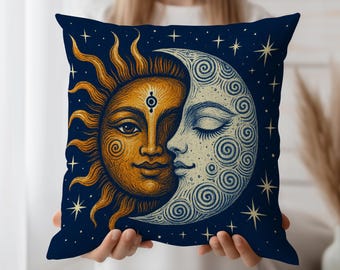 Sun and Moon Cushion Cover – Celestial Throw Pillow Case with Stars and Faces – Mystical Boho Spiritual Decor Accent