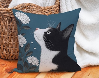 Black and White Cat Throw Pillow Case Botanical Teal Cushion Cover, Floral Tuxedo Cat Art, Feline Pet Decor for Sofa or Bedroom