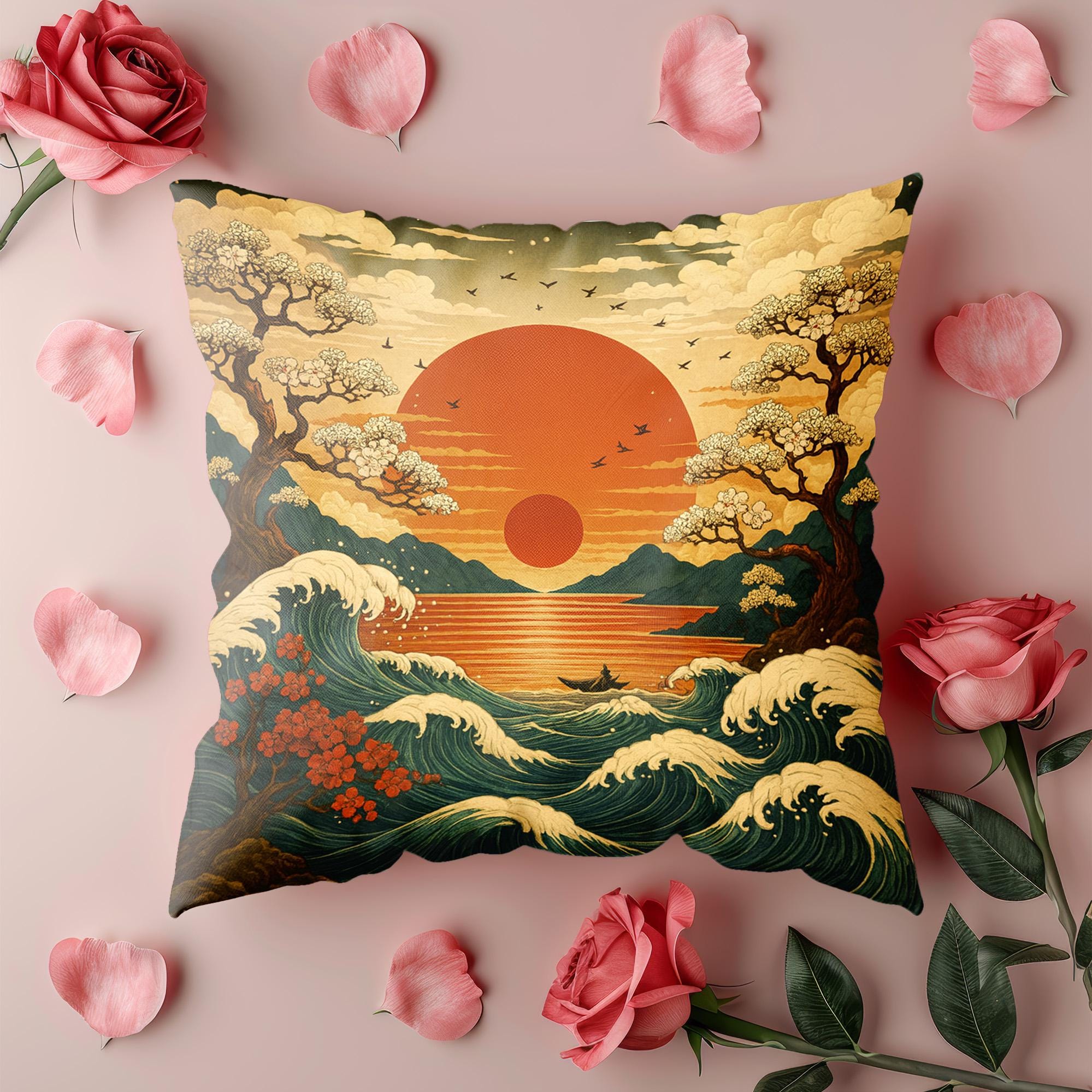 Cuscini Divano 45x45 Cm Set Da 4 - Federe Con Paesaggio Tramonto Oceano - Morbida Microfibra, Stampato Fronte/retro, Grigio Beige