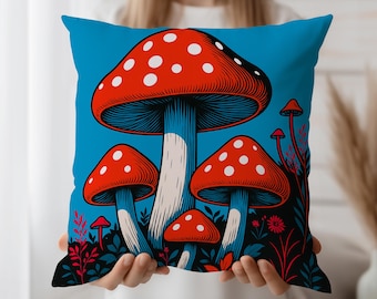Pilz Dekokissenbezug mit rotem Fliegenpilz Kunst | Psychedelische Wald Kissenhülle | Boldcore Cottage Dekor für Sofa oder Leseecke
