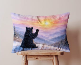 Sunrise Bear Lumbar Decorative Pillow Cover, Oblong Cushion Case, Mountain Forest Nature Art