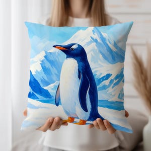 Penguin Throw Pillow Case With Arctic Landscape Art | Cool Winter Cushion Cover | Snowy Animal Decor for Nursery, Sofa or Chalet Cabin