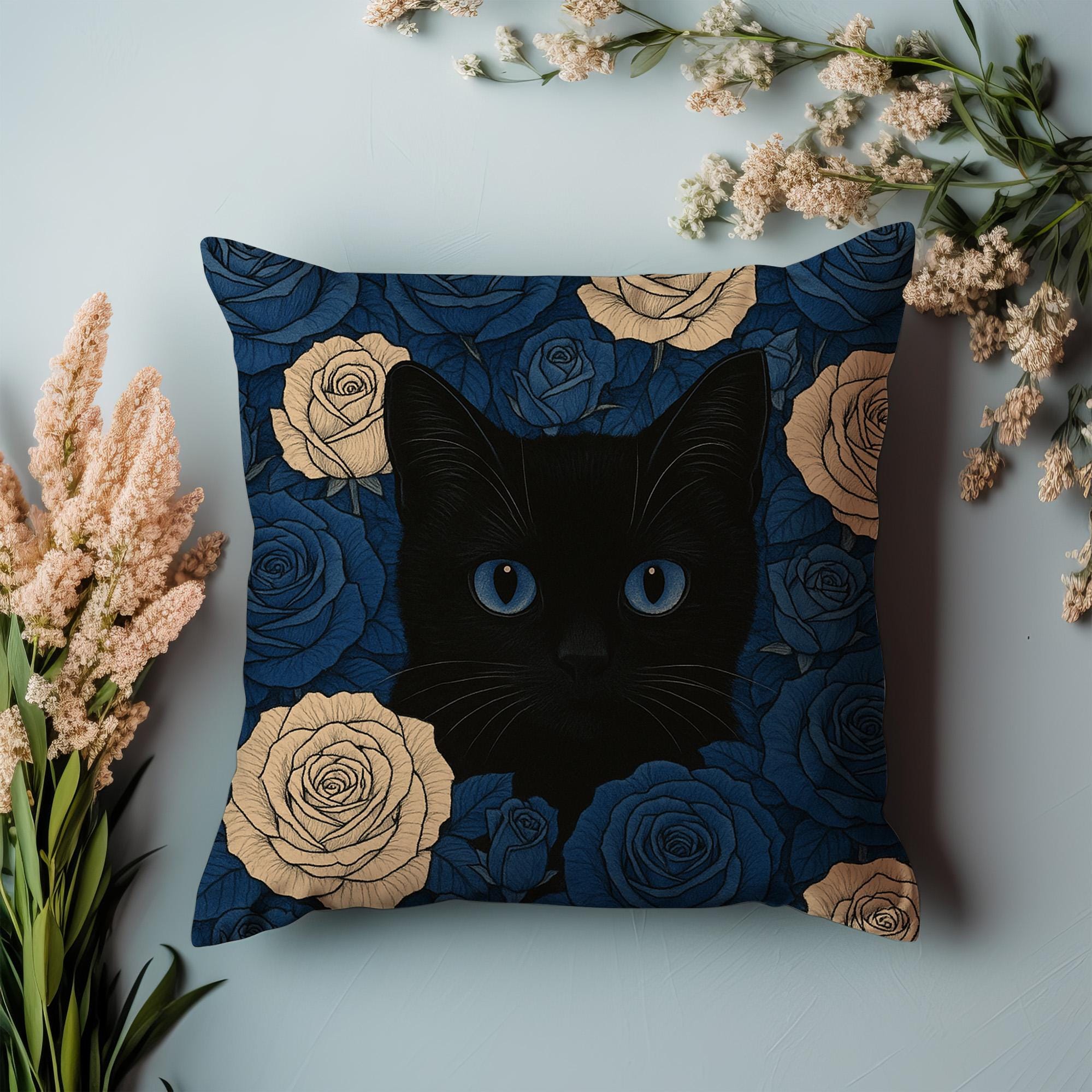 Gothic Black Cat Cushion Cover With Blue and Ivory Roses – Cozy 