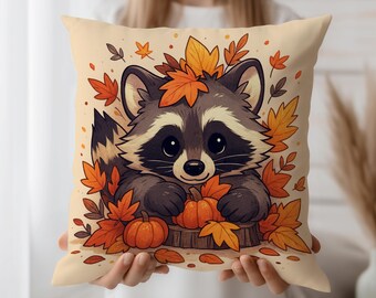 Cute Raccoon Cushion Cover with Fall Leaves and Pumpkins Autumn Woodland Throw Pillow Case – Cozy Beige Seasonal Decor Accent