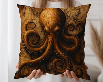 Octopus Throw Pillow Cover – Nautical Kraken Cushion Case with Vintage Sea Map Art, Steampunk Maritime Decor for Ocean-Themed Homes