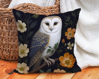 Barn Owl Throw Pillow with Floral Design, Elegant Woodland Animal Decor, Nature-Inspired Accent Cushion, Cozy Forest Gift