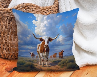Longhorn Cow Throw Pillow Case Western Ranch Cushion Cover, Prairie Sky Cattle Herd Decor for Farmhouse, Lodge or Cowboy Room Accent
