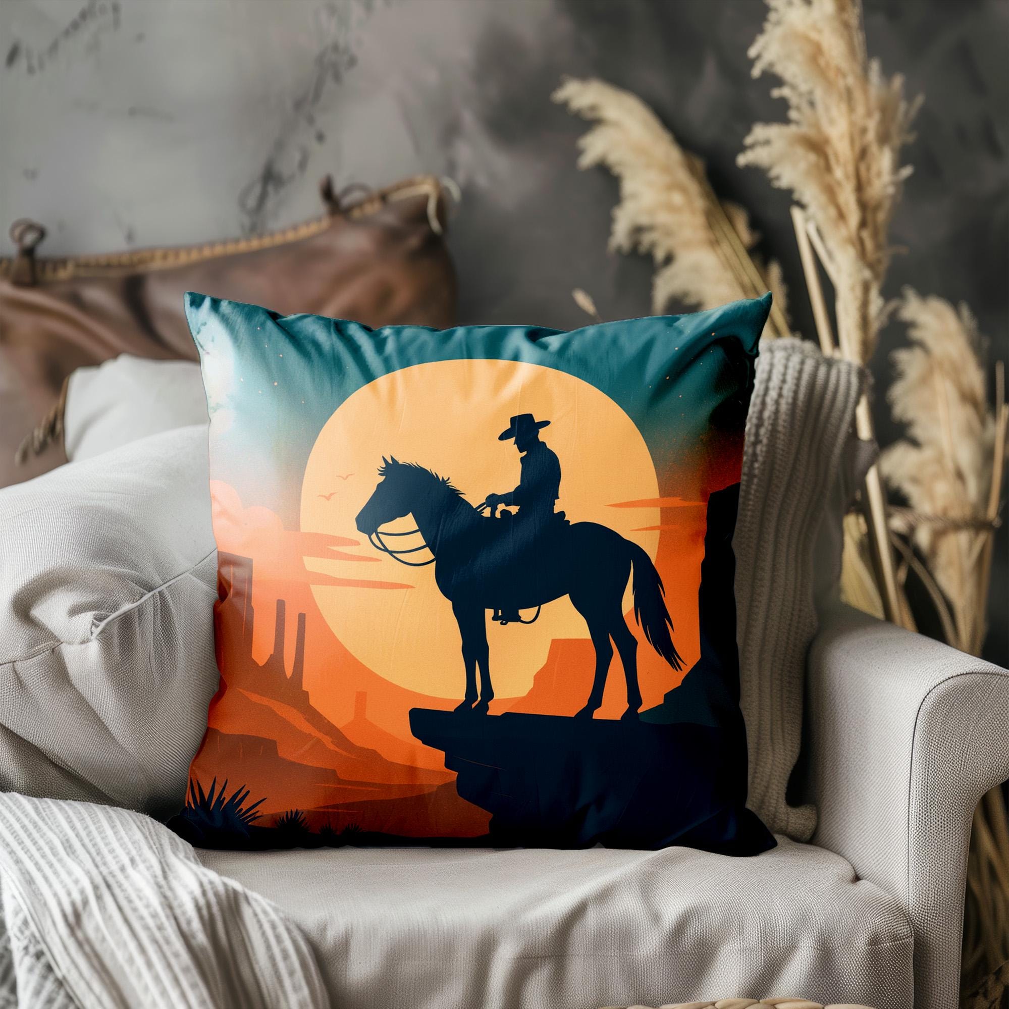 Cowboy Cushion Cover Western Horse Rider Throw Pillow Case Desert