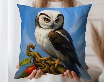 Owl Cushion Cover, Blue Throw Pillow Case, Woodland Bird Decor Accent, Fierce Animal Art Print, Forest Style Home Vibe