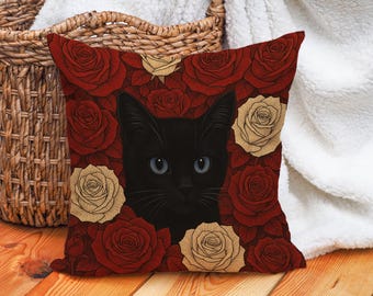 Funda de cojín de gato negro gótico con rosas rojas y marfil. Romántica funda de cojín floral, ideal para amantes de los gatos. Relleno no incluido.