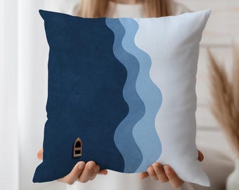 Minimalist ocean cushion cover, modern blue wave throw pillow case, abstract boat design, coastal home decor, nautical art pillow cover