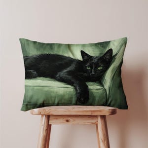 May include: A rectangular cushion with a print of a black cat with green eyes, reclining on a green armchair. The cat is the main subject, with detailed fur and a relaxed posture. The cushion is on a wooden stool.