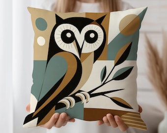 Federa per cuscino a forma di gufo in stile moderno di metà secolo, decorazione geometrica retrò con uccelli, cuscino in stile scandinavo per amanti della natura minimalista e moderna.