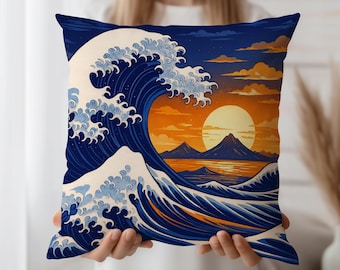 Great Wave Cushion Cover – Japanese Ocean Throw Pillow Case with Sunset and Mount Fuji – Bold Art Accent for Coastal Decor