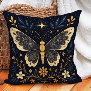 Celestial Butterfly Cushion Cover – Gold & Black Throw Pillow Case with Mystical Floral Art, Starry Boho Decor, Insert Not Included