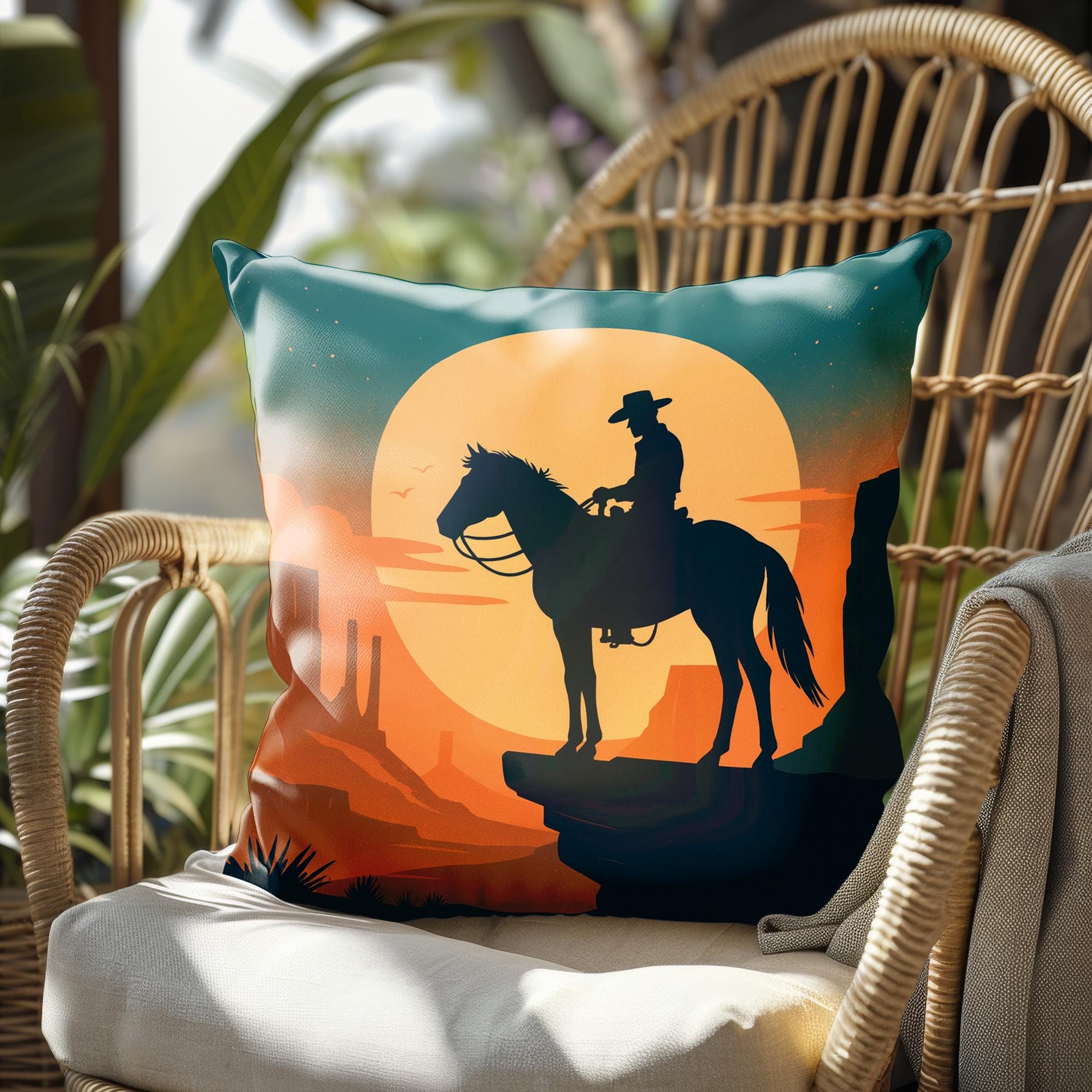 Cowboy Cushion Cover Western Horse Rider Throw Pillow Case Desert