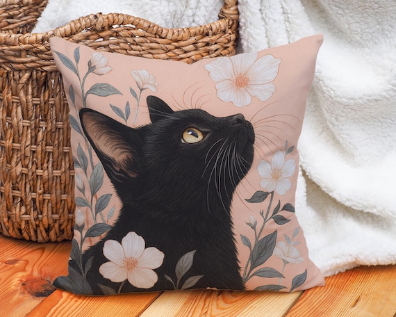 Black Cat Cushion Cover Floral Throw Pillow Case Soft Pink Decor
