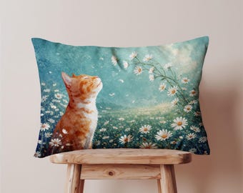 Orange Cat Pillow Cover, Oblong Daisy Field Cushion Cover, Serene Throw Pillow Case