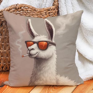 May include: Square decorative pillow featuring a cool llama wearing sunglasses and smoking a cigarette. The llama is white with brown sunglasses and a cigarette in its mouth. The pillow has a neutral background.